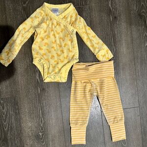 Hanna Andersson Yellow Duck Baby Onesie and Striped Pants Set